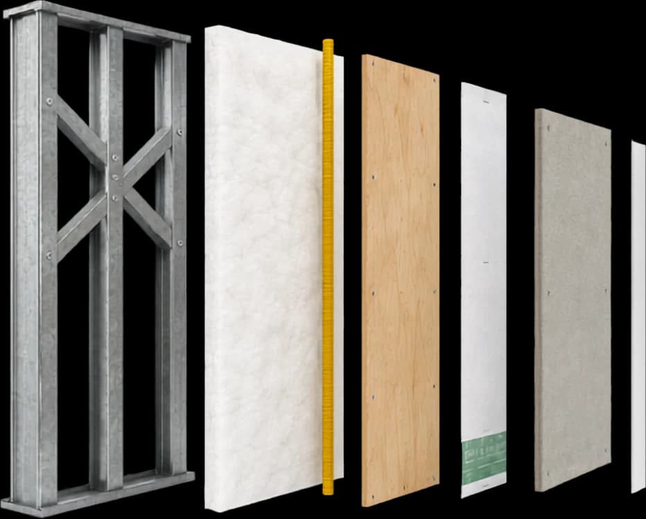 Painel de Light Steel Frame explodido, com as sete camadas separadas lado a lado