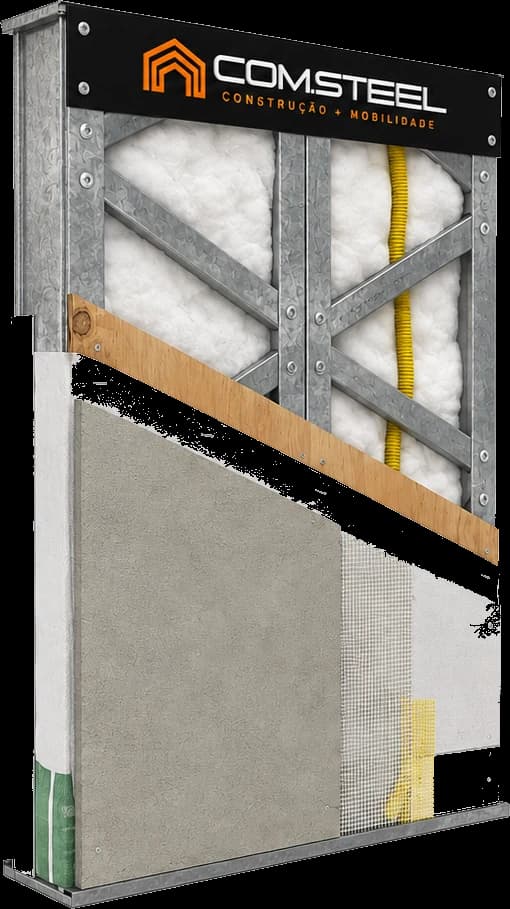 Seção de uma parede em Light Steel Frame, com as camadas visíveis em corte