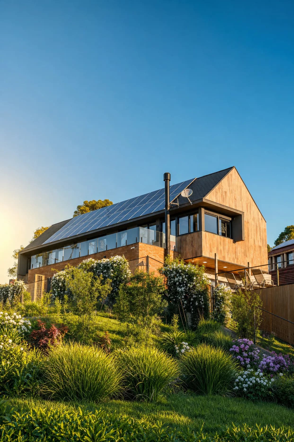 Casa Viana, volume de madeira em duas águas sobre base de pedra